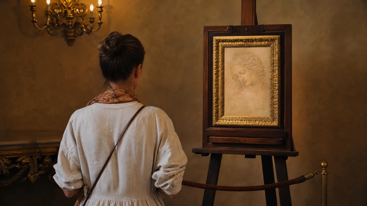 Un visitatore visto di spalle mentre guarda una piccola testa rinascimentale di giovane donna incorniciata